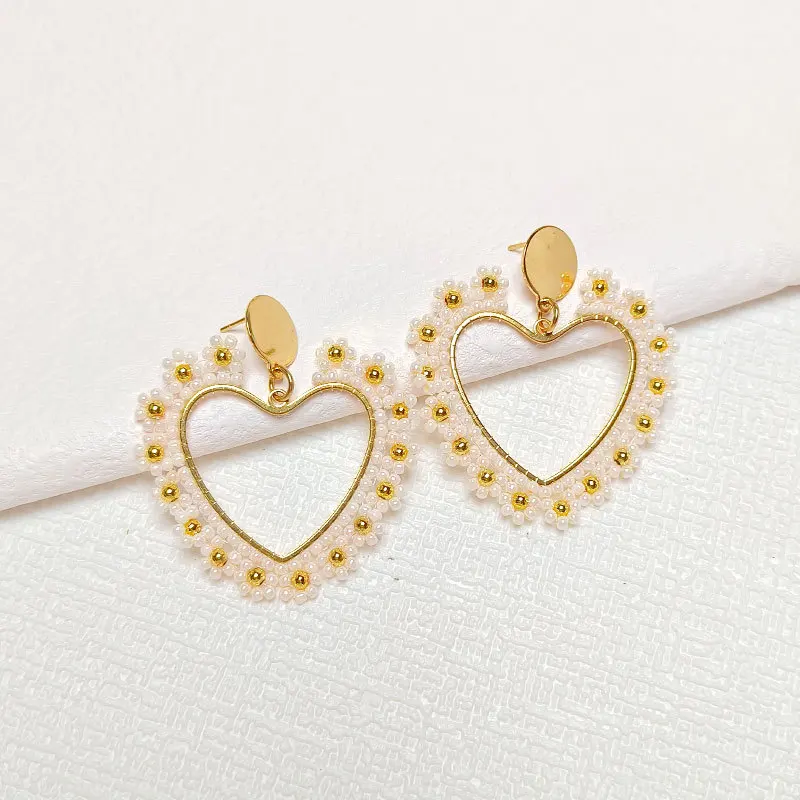 Handmade Minimalist Heart Bead Stud Earrings for Women Bulk Wholesale Bohemian Style Stainless Steel Jewelry for Anniversaries