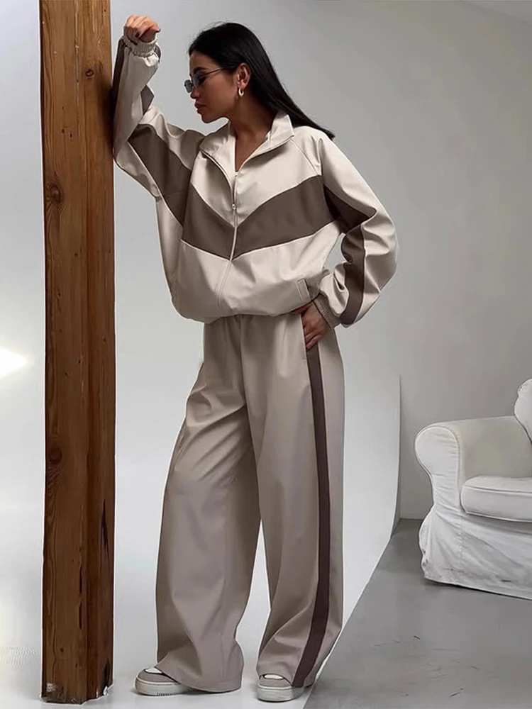 Getäfeltes, langärmliges, übergroßes Oberteil, Hosen-Sets für Damen, Streetwear, Laternenärmel, Reißverschluss, lockerer Mantel, Hose mit weitem Bein, modische Sportbekleidung – Detail 38