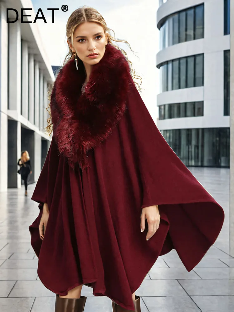 DEAT Fashion Imitation Fox Fur Collar Shawl Women's Big Size Wine Red Black Thick Warm Cloak Winter 2024 New Tide 7AB6357