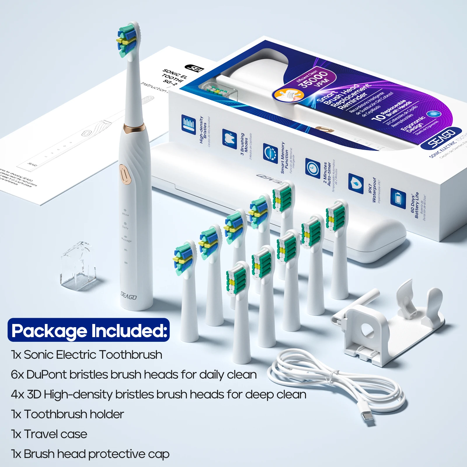 Seago Sonic Electric Toothbrush Choice Teeth Cleaning 3 Modes Brush Heads Replacement Reminder Three Colors Ergonomic Design2316