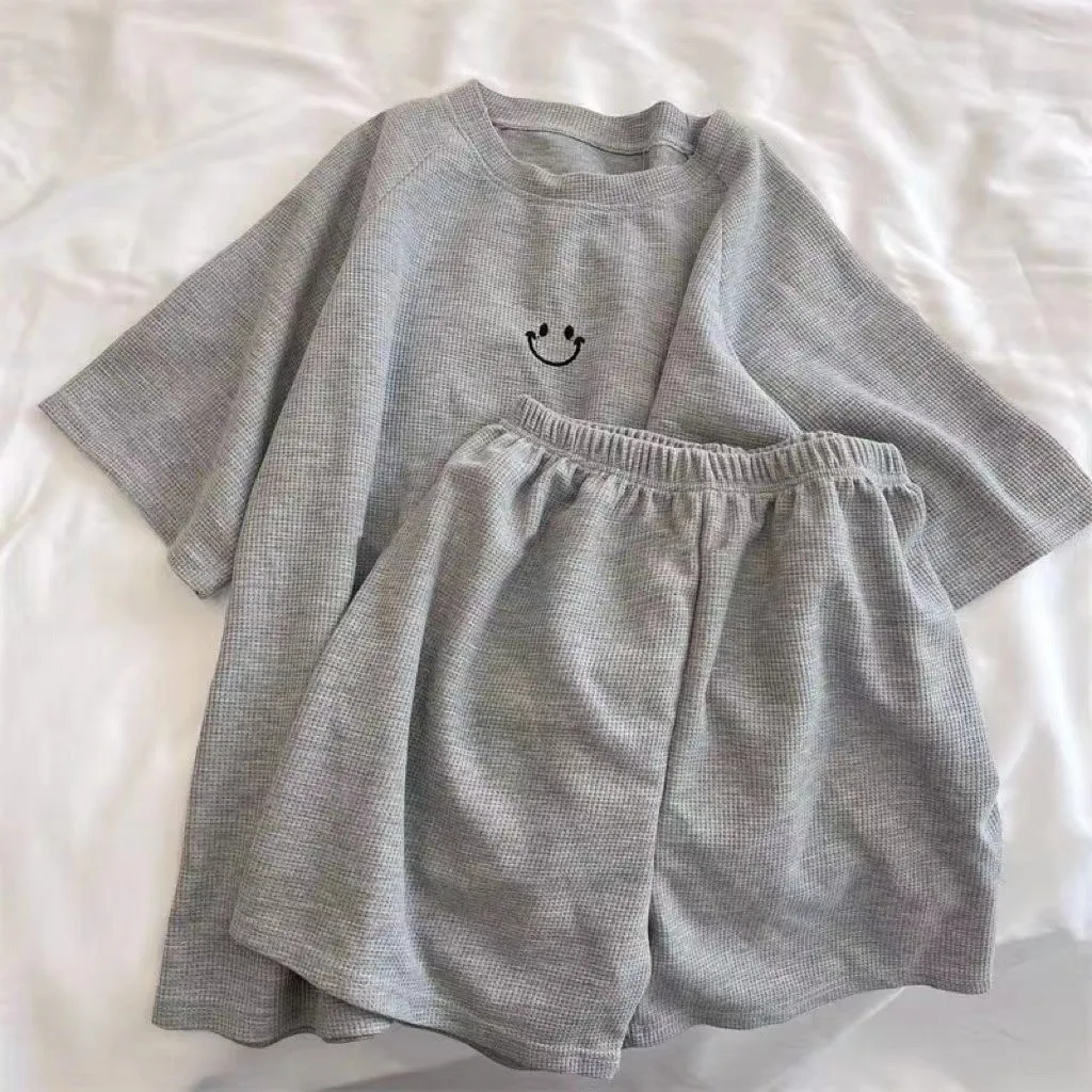 2pcs/Set Women's Pajamas Ladies Waffle Summer Short-Sleeved Shorts Sports Women's Homewear Student Pajamas Fall Set Breathable X