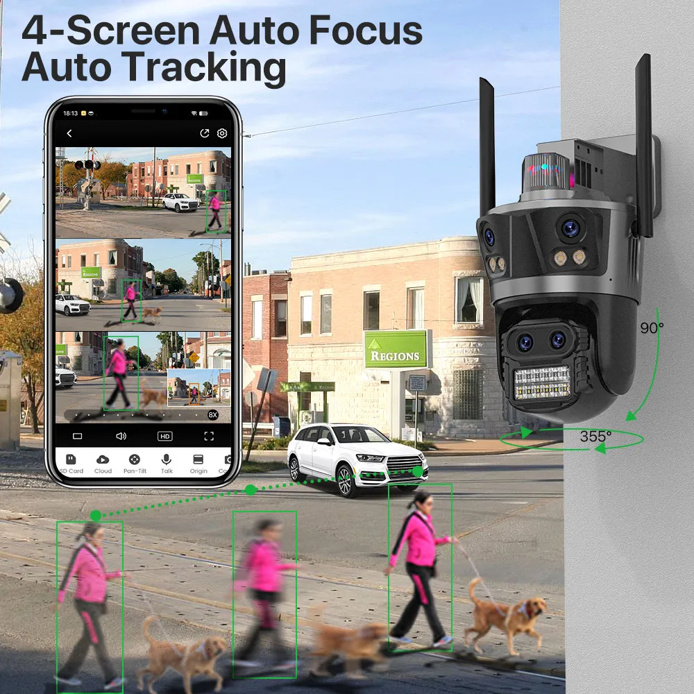 WIFI 8K 8X Zoom IP Camera Four Lens Four Screen Human Detecton Camera 4K 8MP IP HD Dual Srceen Security Waterproof Camera iCsee
