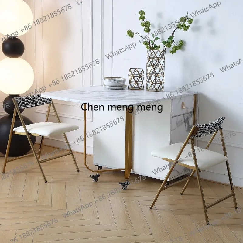 

Movable Folding Dining Table with Storage Rack and 2 Drawers Extendable Versatile Kitchen Table and Metal Folding Dining Chairs