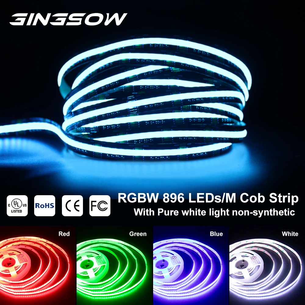 Gingsow-tira de luces LED COB RGBW, 24/12V, 896LED/M, cinta Flexible Multicolor de alta densidad, RA90 RGB, luz blanca cálida/fría regulable