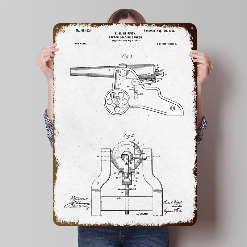 Breech Loading Cannon Patent Metal Poster Customized Wall Art Retro Vintage Metal Signs for Man Cave Decoration Home Decor Items
