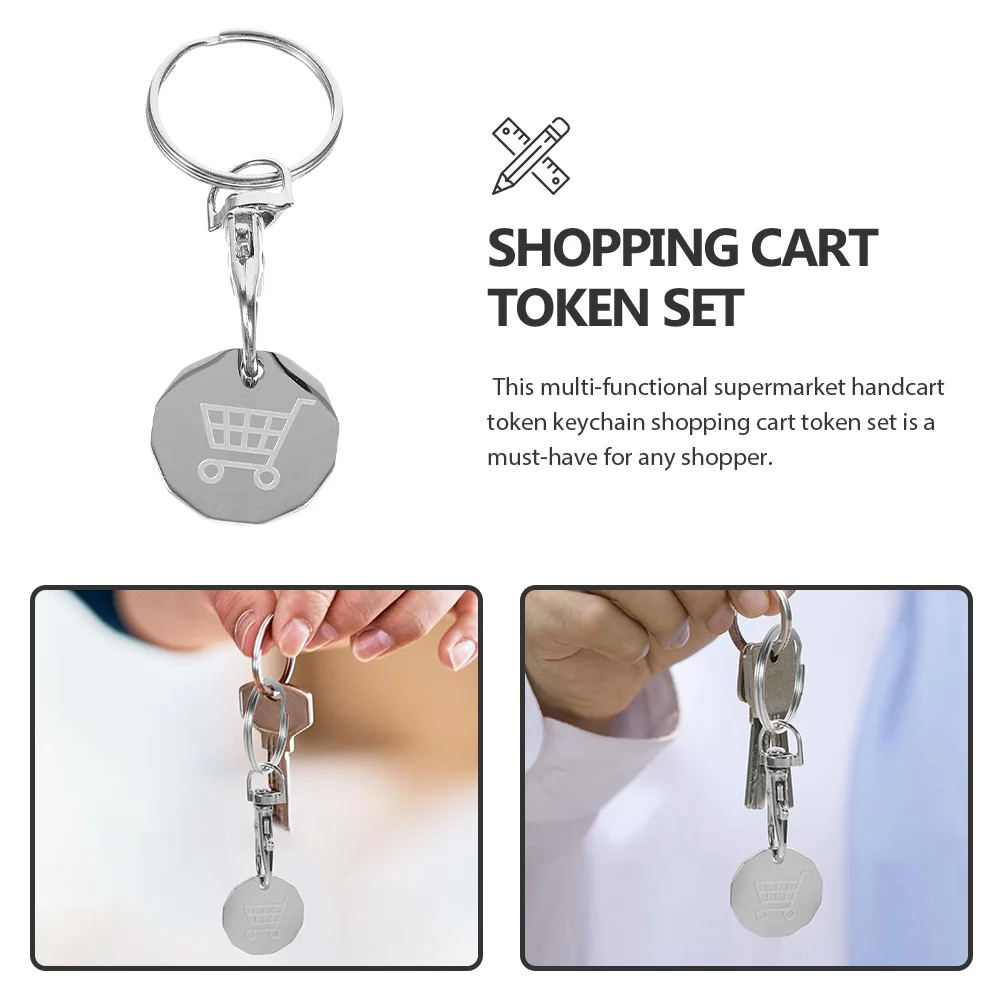 Aço inoxidável Metal Tokens Coin Keychain, Carrinho de compras Chaveiros Fob, Token Token Pendant, 6 pcs