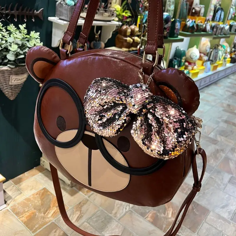 CREAM BEAR Fashion Shoulder Bags for Women Soft Leather Large Capacity Tote Bag Cartoon Commuting bag laptop bag 15inch hot sale