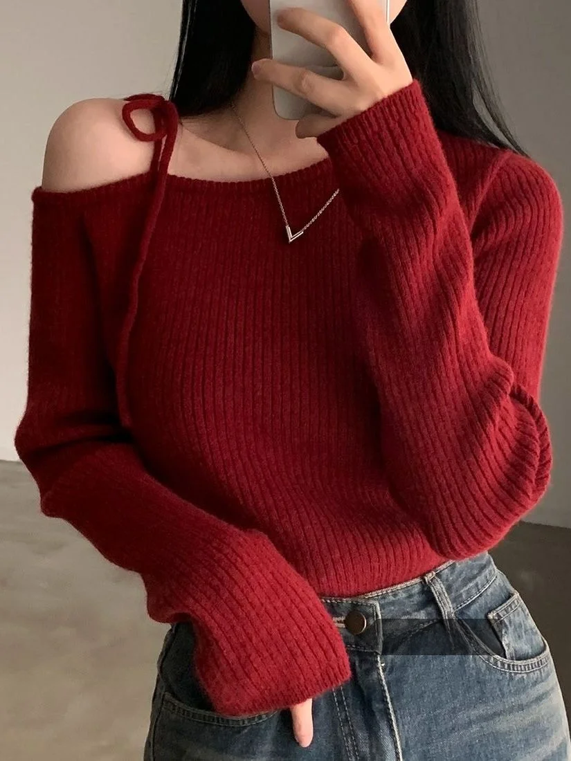 

Korean Sle Faionable Winter Knitted Sweater Uneven Collar oulder Bared Belted Slim Long Sve Women's Inner Wear Base ...