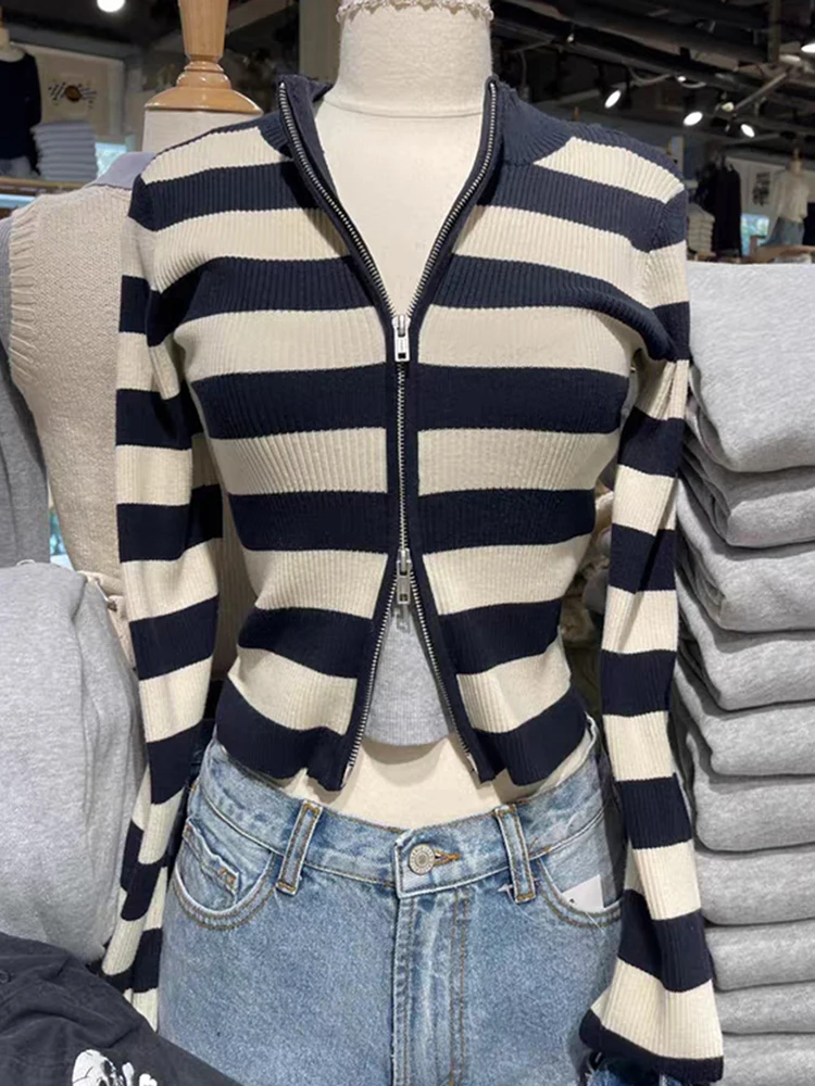 Vintage Striped Slim Knit Cardigan Women Soft Cotton Zipper Spring Long Sleeve Sweater Female Casual  Simple Sexy Crop Top Y2k