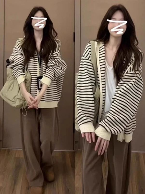 

Вязаный открытый кардиган цвета хаки с капюшоном в полоску, женская свободная верхняя одежда для ленивых, осеннее корейское длинное пальто све