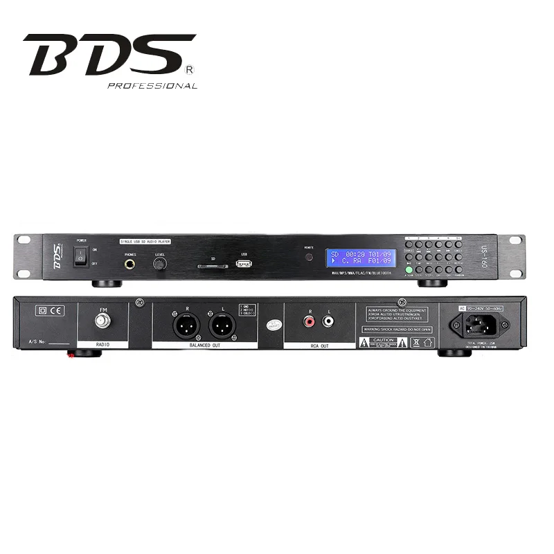BDS US-160 1U Reproductor de audio en rack USB/SD/Bluetooth/FM multiformato, salida de audio de alta fidelidad de grado profesional con XLR equilibrado, 95dB S