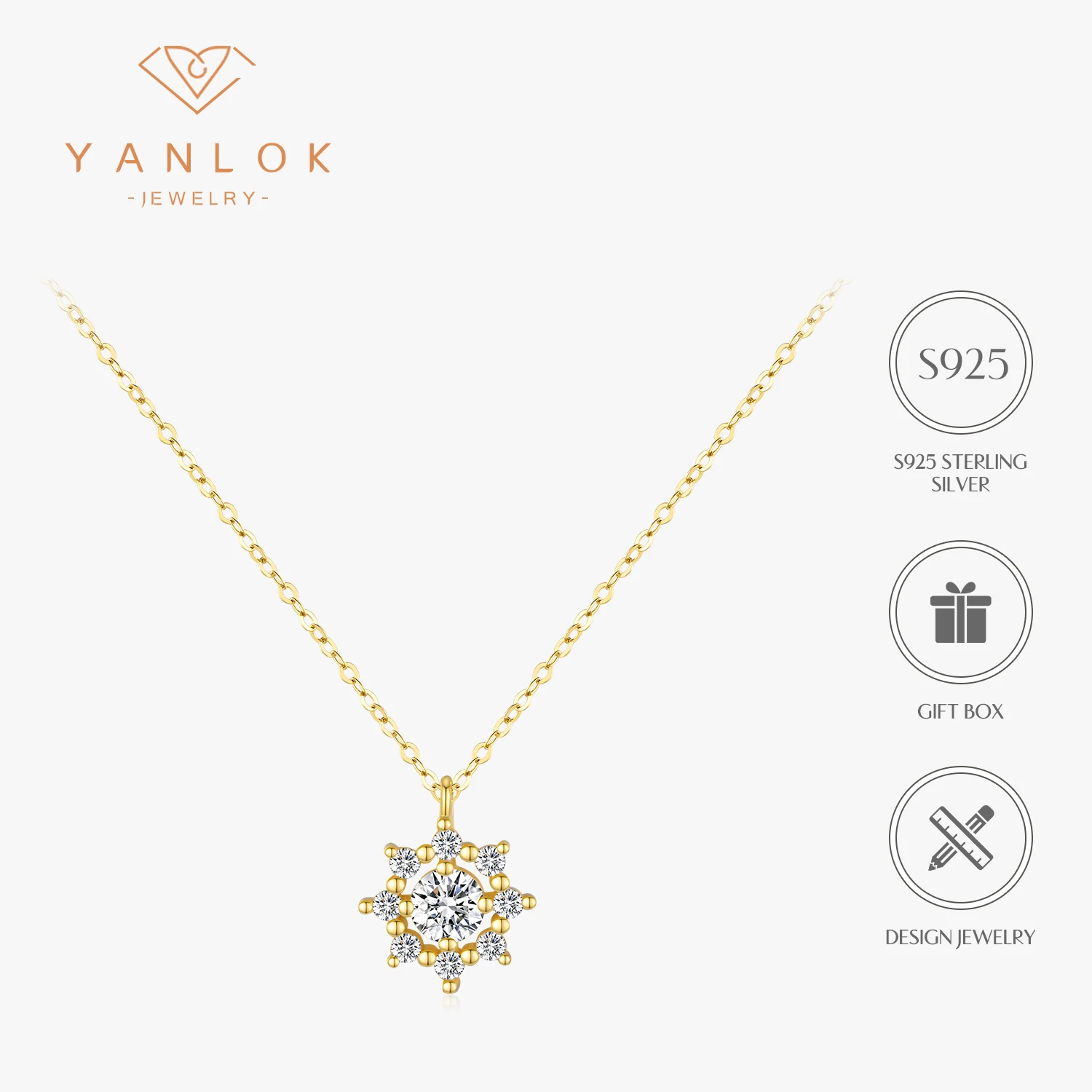 YANLOK 925 Sterling Silver Sparkle Snowflake Moissanite Gold Color Link Chain Pendant Necklace For Women Fine Jewelry