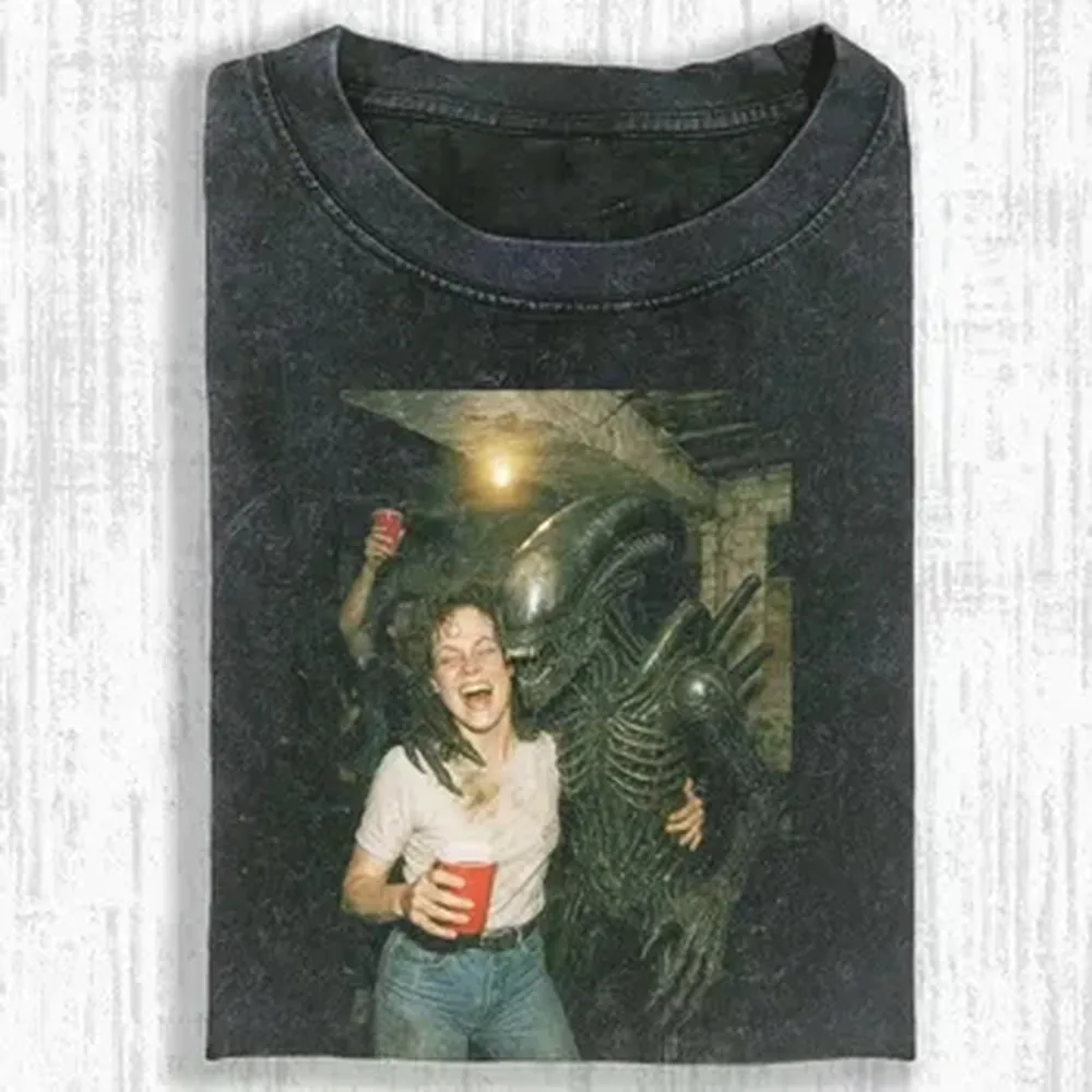 Alien Party Dance Movie Meme Oversized T shirt 100% Cotton Vintage Washed T-shirt for men women hiphop streetwear