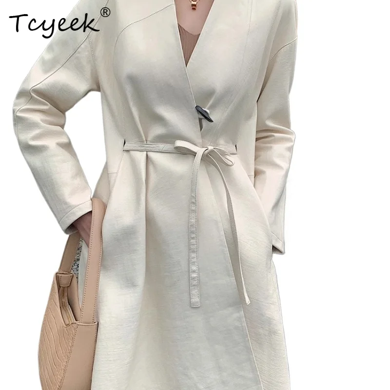 Tcyeek Echtes Schaffell Frühling Herbst Trendige Krawatte mit V-Ausschnitt Beige Mittellange Damen-Echtlederjacke Ж Ettyddydd Mohamed