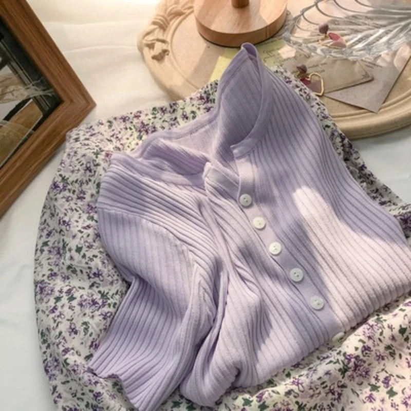 

Весна-лето 2026: Однотонный вязаный топ из ледяного шелка, женская футболка с коротким рукавом, тонкий свободный кардиган с V-образным вырезом на пуговицах