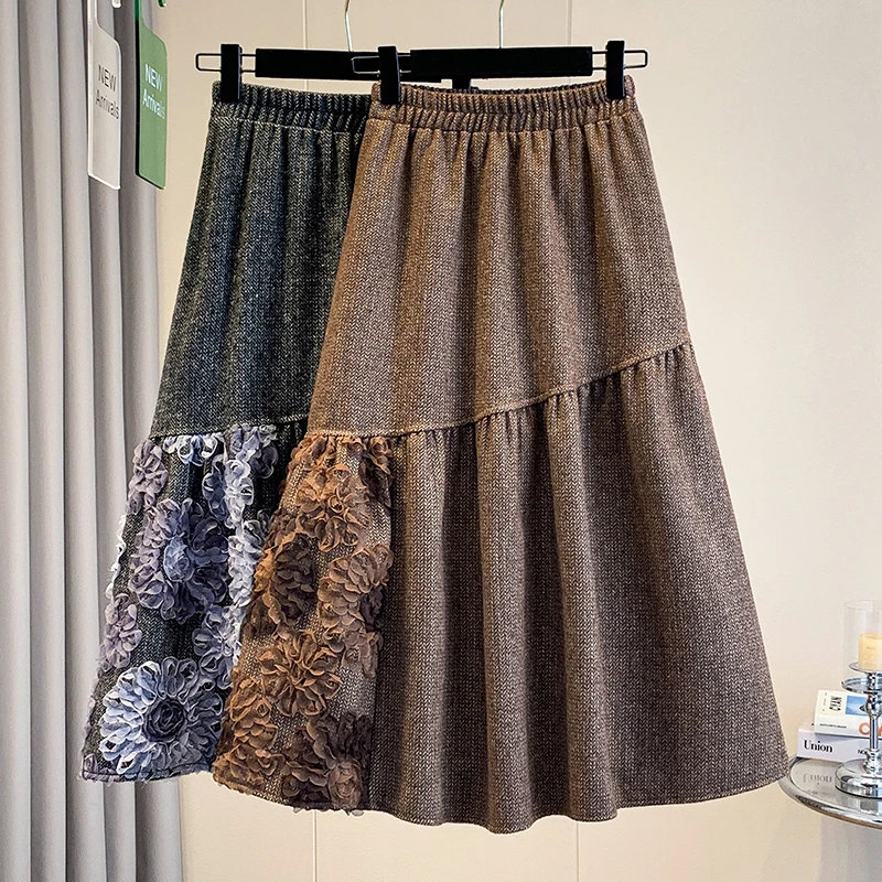 M-XXXL 3D Flower A-Line Skirts Women Elastic Waist A-Line Thick Skirts High Waist Midi Skirt Korean Fashion Elegant Gray Skirt