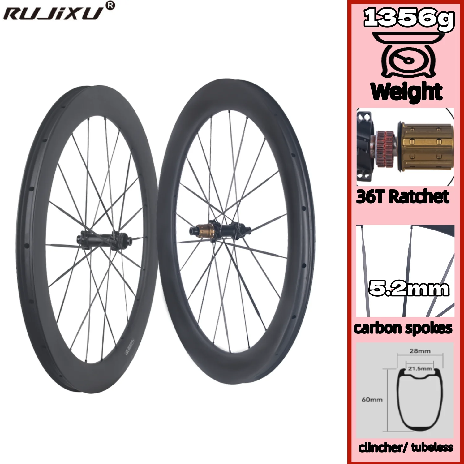 Spoke Carbon Road Bike Wheels With 60mm Height and Tubeless Ready for 1350g Wrapping Rims