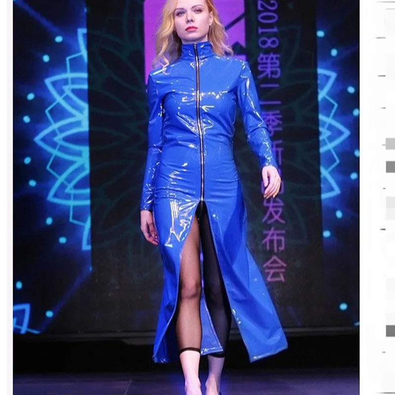 Shiny Women's Long Trench Coats Glossy Windbreaker Split Streetwear Stage Performance Fashion Women Clothing Cloak Latex Spandex