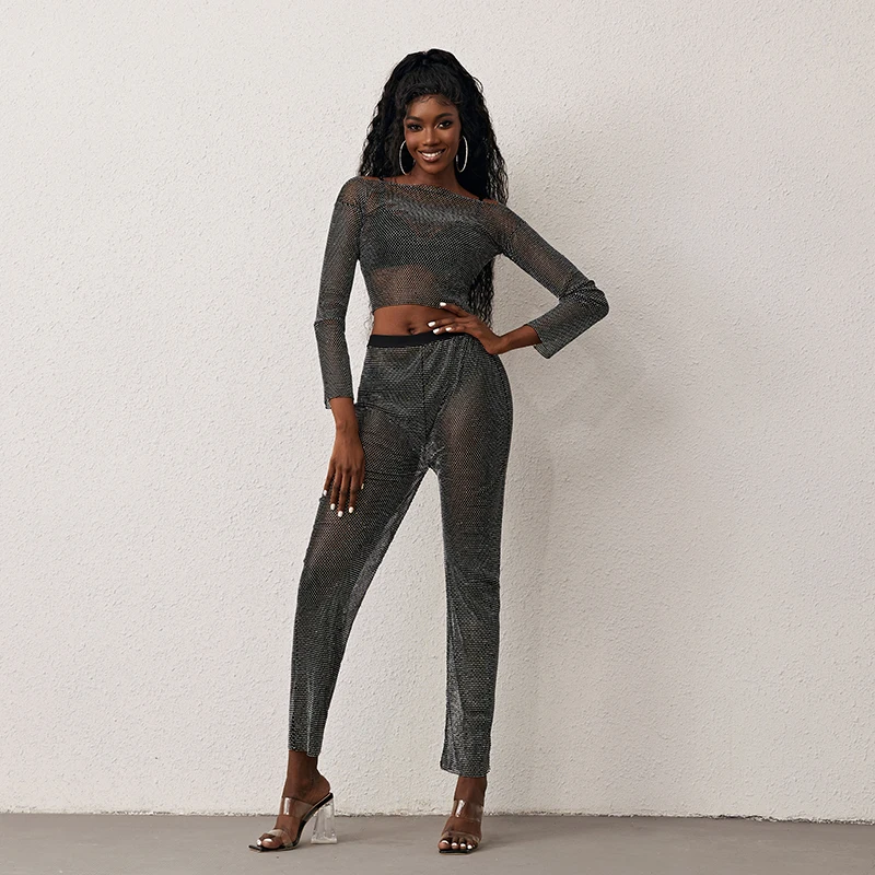 Leqoel Sexy Crystal Diamond Mesh Sets Long Sleeve Cropped Top Pants 2 Piece Suits Women Backless See Through Clothing Outfits