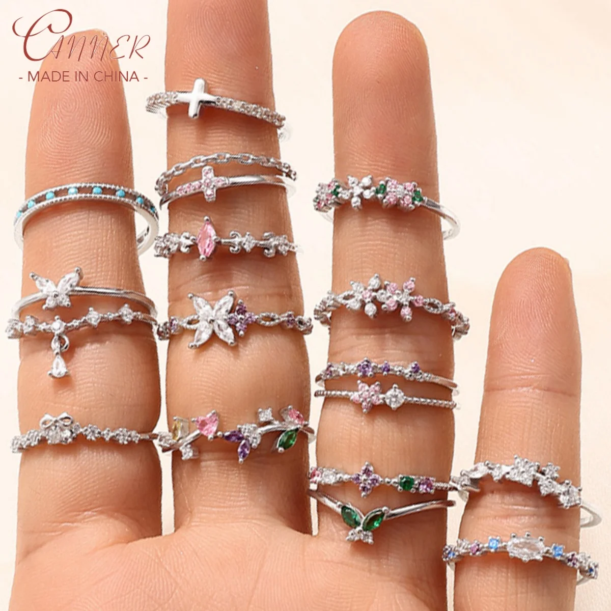 

CANNER 925 Sterling Silver Sweet Adjustable Butterfly Flower Ring For Women 18K Gold Plated Cross Heart Shape Fine Jewelry Gifts