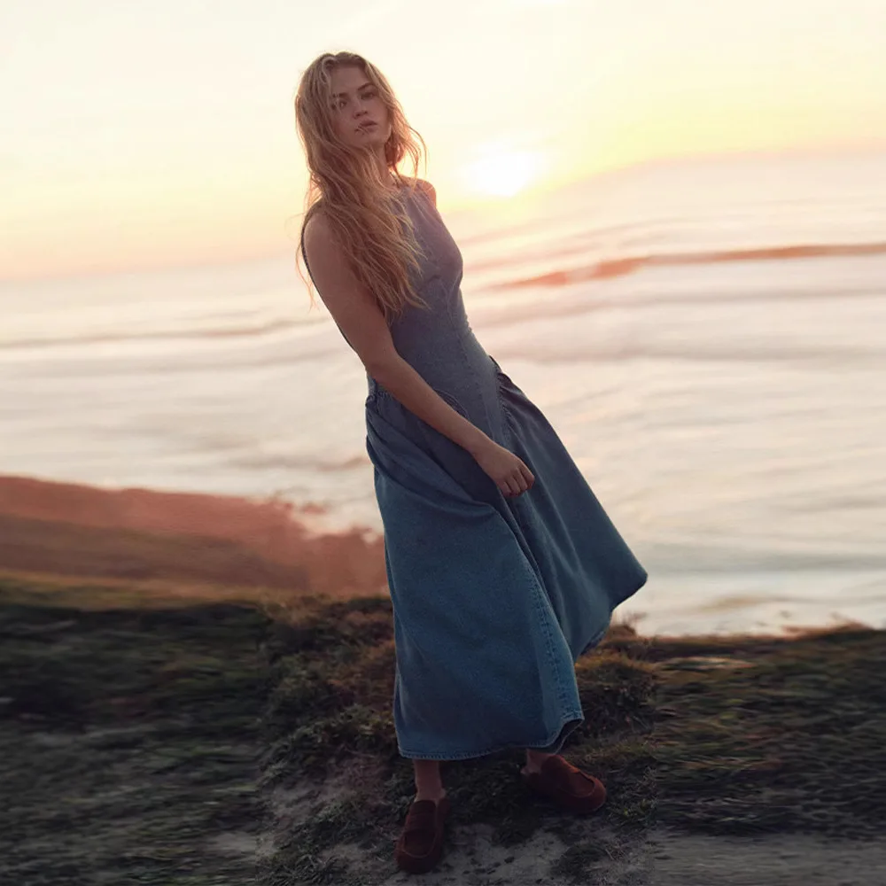 Elegant Backless Lace Up Blue Denim Dress Women Casual O Neck High Waists Sleeveless A Line Dress 2025 Summer Fashion Long Dress