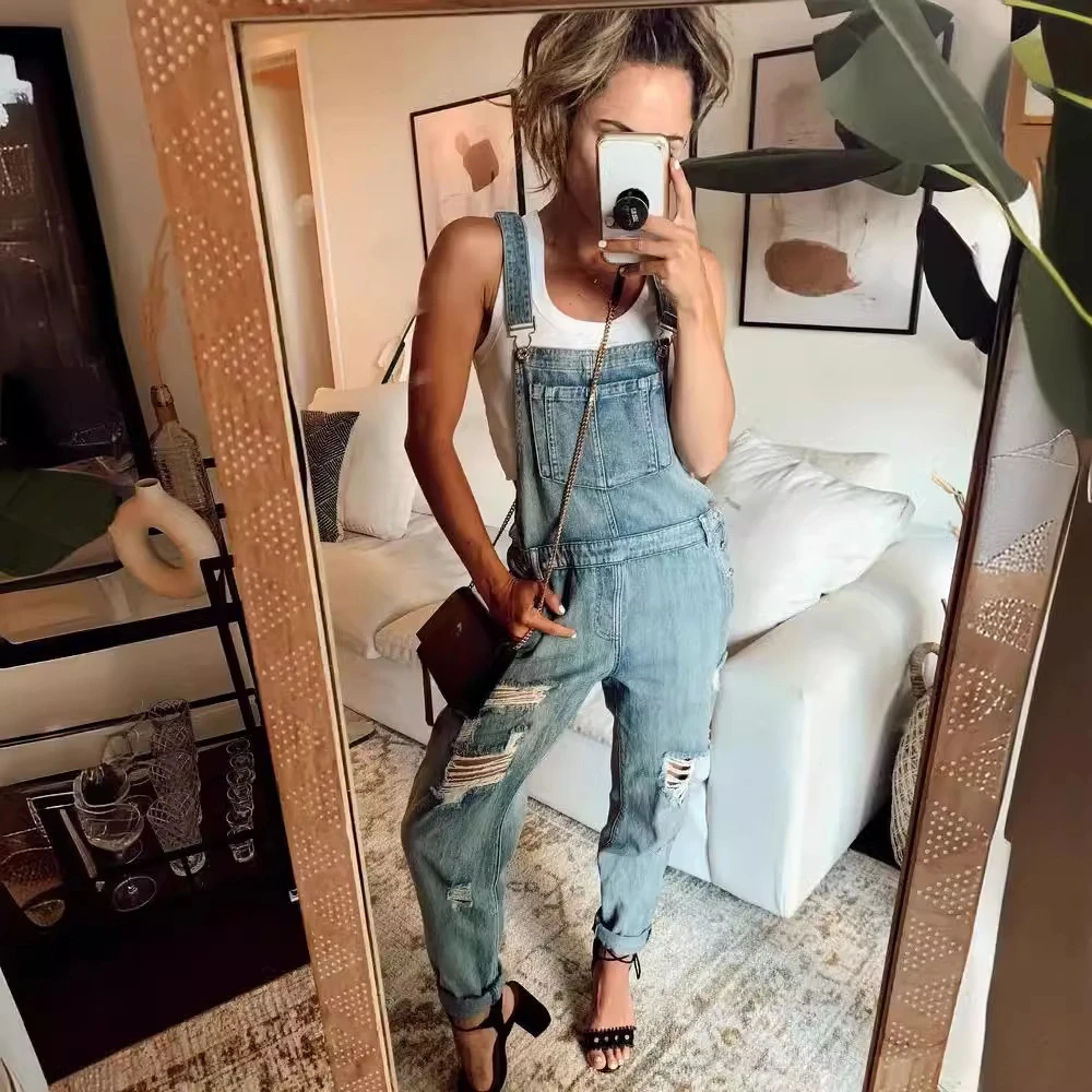 

2026 New Fashion Women's Four Seasons Hole Patched Elastic Jeans Overalls Pants Casual Trendy High Street Denim Pencil Pants