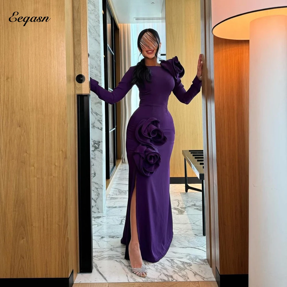 

Long Sleeve Evening Dress Flowers Leg Split Spandex Satin Mermaid Sexy Vestidos De Fiesta Formal Wedding 2025 Women Customized