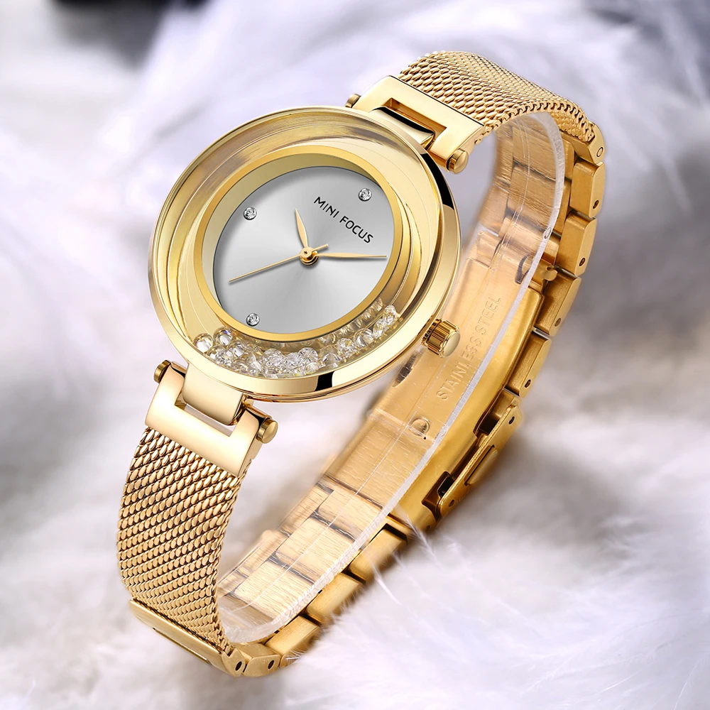 MINI FOCUS Luxury Hight Quality Quartz Watch Fashion Charming Rhinestones Stainless Steel Band Women's Wristwatches