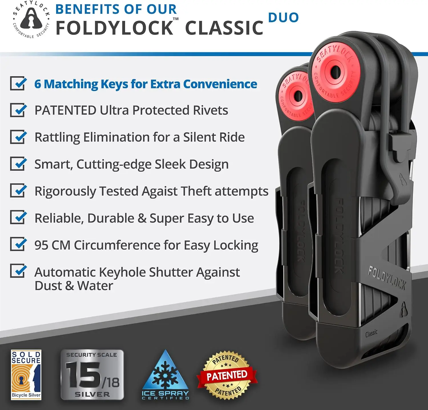 Classic Folding Bike Locks - Set of 2 Matching Bike Locks with 6 Identical Keys - Patented Heavy Duty Anti