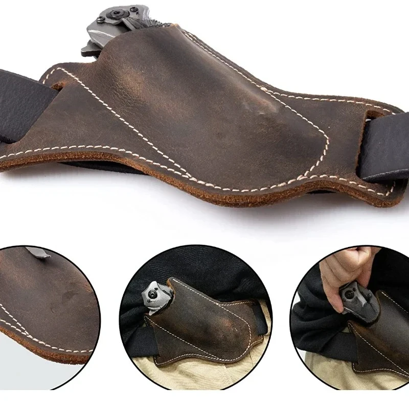 

1pc PU Leather Anti-scratch Sheath Folding knife belt holder pocket knife camping packaging ring Notebook Mre