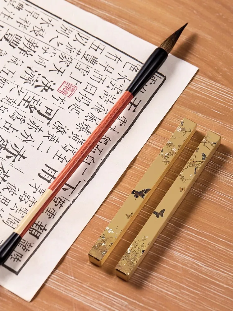1 Pair Vintage Brass Paperweight & Calligraphy Brush Holder - Multifunctional Chinese Style Ruler Desk Decor