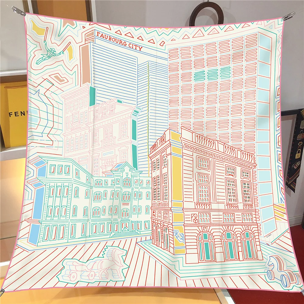 حك وشاح حريري شال العلامة التجارية الفاخرة Fubao مدينة العمارة ساحة وشاح النساء الحجاب باندانا فولارد منديل الأوشحة الرأس