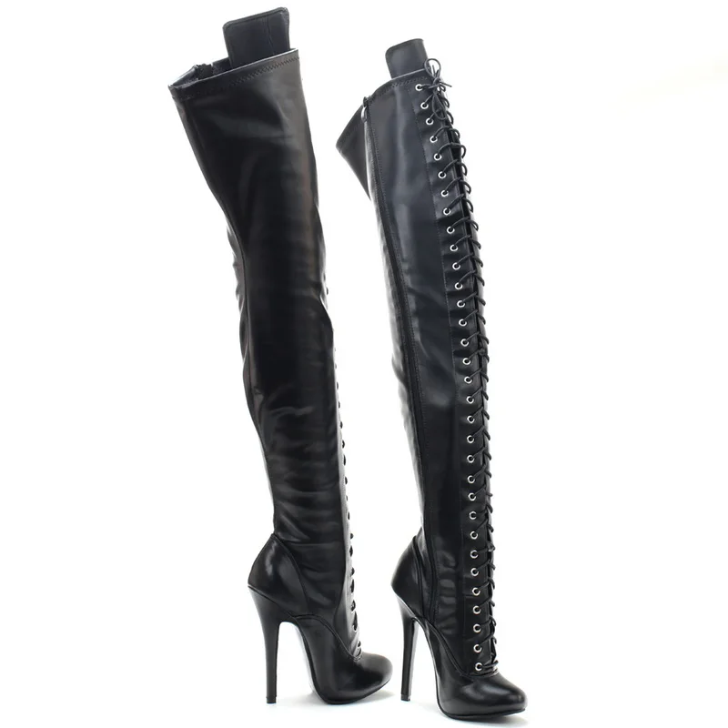 FHC 14cm High Heels,Women Crotch Thigh Boots,Sexy Fetish Long Botas,Man Stage Show Shoes,Front Lace-up,Black,Custom Colors