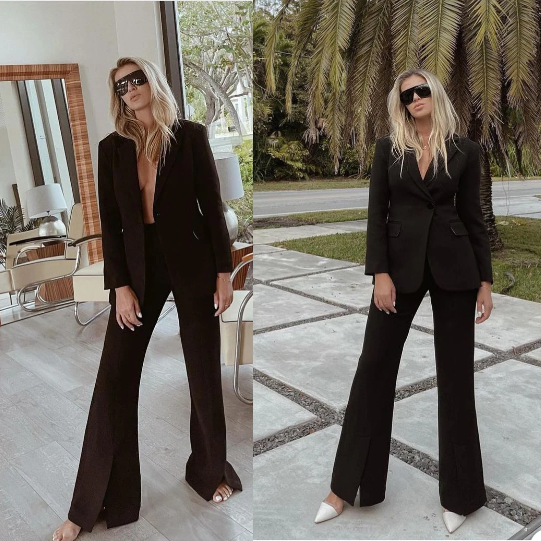 Classic Women Dresses Simple One Button Casual Black Jacket Split Pants Custom Made Daily Party Gown 2 Pieces Sets