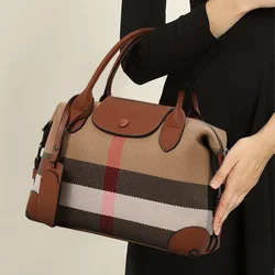 Aidran Exquisite women's bag, Boston bag with canvas and leather stitchingRetro plaid handbag for daily commute novelty of 2024