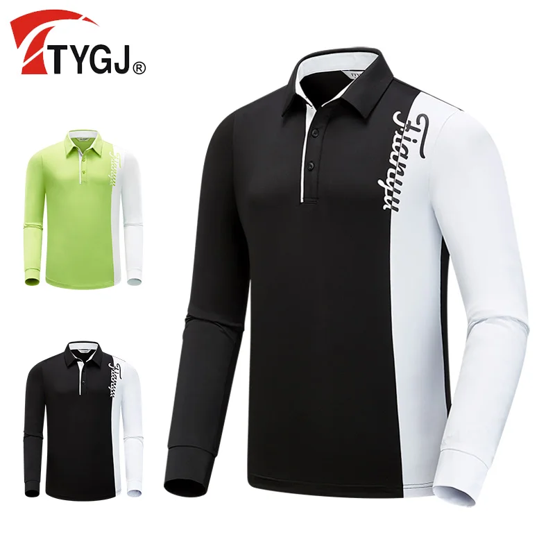 

TTYGJ Early Autumn New Golf Clothing Elastic Quick Drying Men's Long Sleeve T-shirt Polo Shirt Color Blocked Golf Long Sleeve