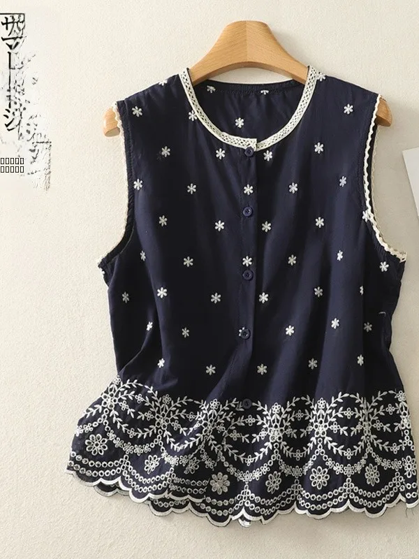 

Large Size Embroidered Cotton Linen Svel round Ne Vest Women's Faion Top Comfortable Breathable Casual Summer irt