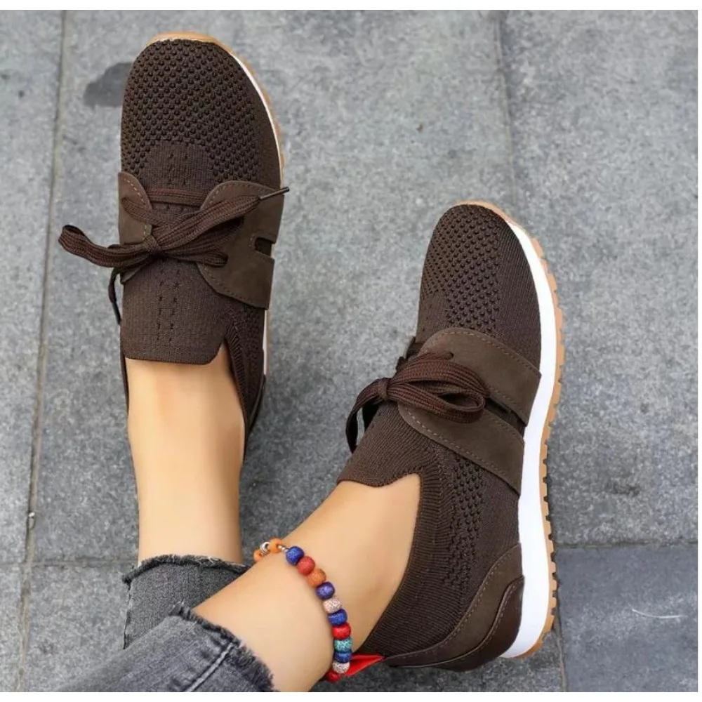 

Size 43 Brown Knit Breathable Womens Sneakers Shoes New Platform Flats Woman Plus Non Slip Casual Shoes Mesh Tenis De Mujer