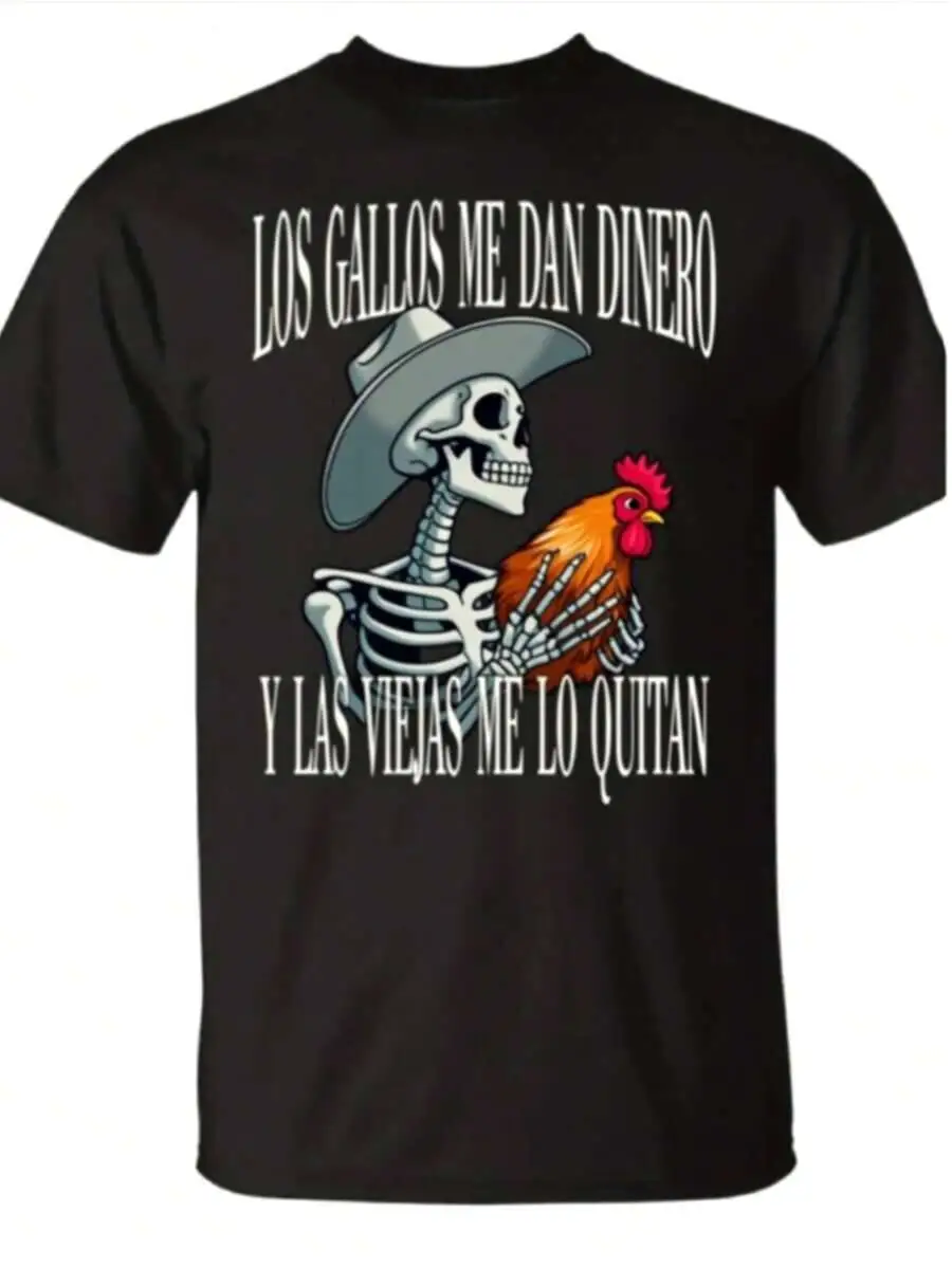 Men T Shirt Black Skeleton Wearing Hat Holding Rooster Graphic Print For Wear Street Style Outfits 100% Cotton Trendy Y2K