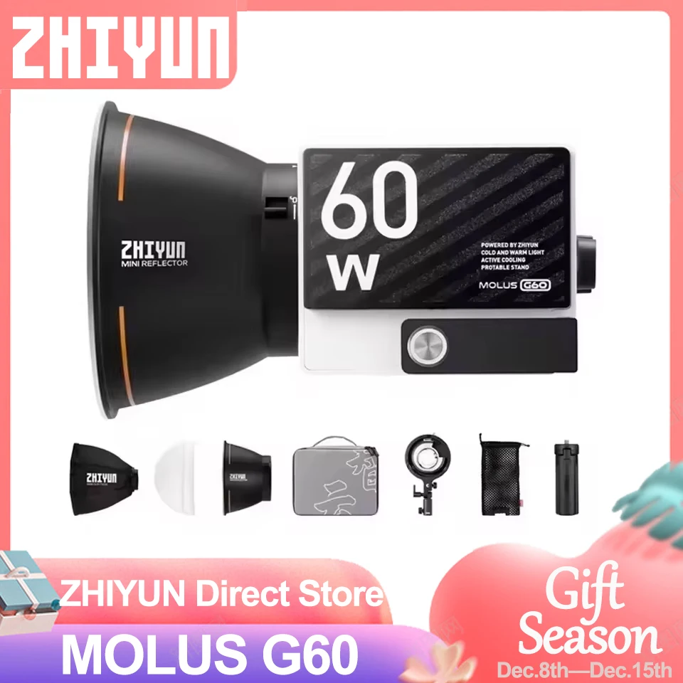 

ZHIYUN MOLUS G60 60 Вт COB Карманный светодиодный светильник для видеосъемки, фотосъемки, крошечный живой светильник, источник питания постоянного тока/PD, прямая трансляция