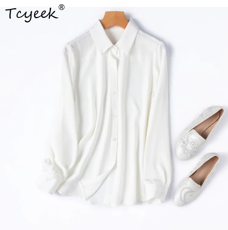 

Tcyeek 26MM 93% Mulberry Silk Womens Tops Elegant Shirts for Women Spring Clothes Long Sleeve Shirt Loose Fit Рубашка Женская
