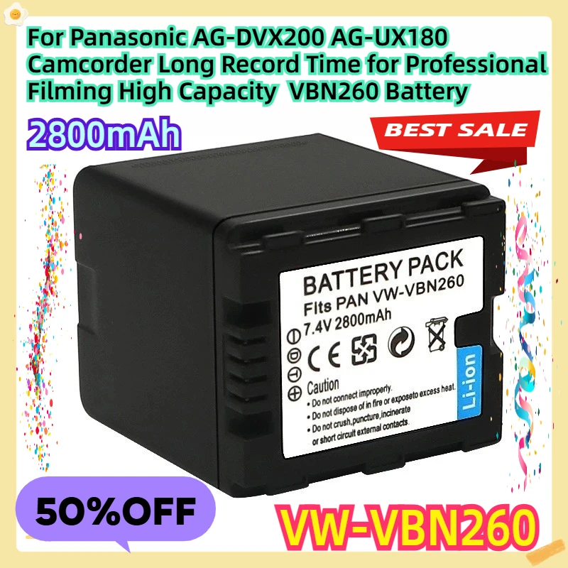 

For Panasonic AG-DVX200 AG-UX180 Camcorder Long Record Time for Professional Filming High Capacity 2800mAh VBN260 Battery