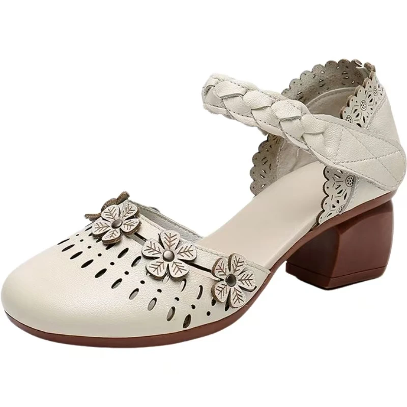 

Women's Summer Leather Baotou Block Heel Sandals Retro Round Toe Hollow Out High Heel Sandals Non Slip Breathable Velcro Sandals