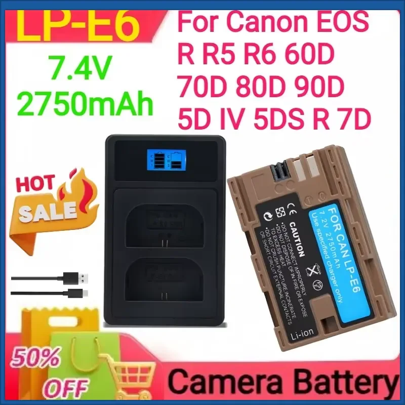 NEW 7.4V 2750mAh LP-E6 LP-E6N Camera Battery Type-C Input for Canon EOS R R5 R6 60D 70D 80D 90D 5D IV 5DS R 7D Mark