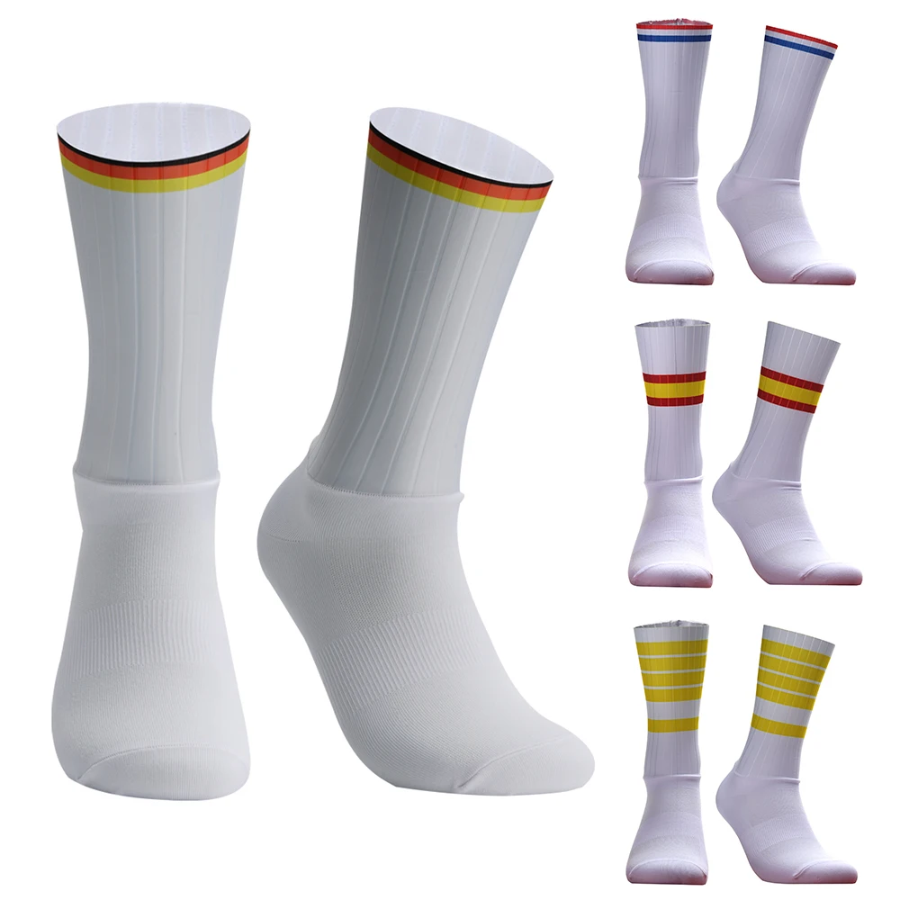 Calcetines de ciclismo a rayas Pro Team Aero, calcetines antideslizantes de silicona sin costuras para correr, deportes, bicicleta de carretera