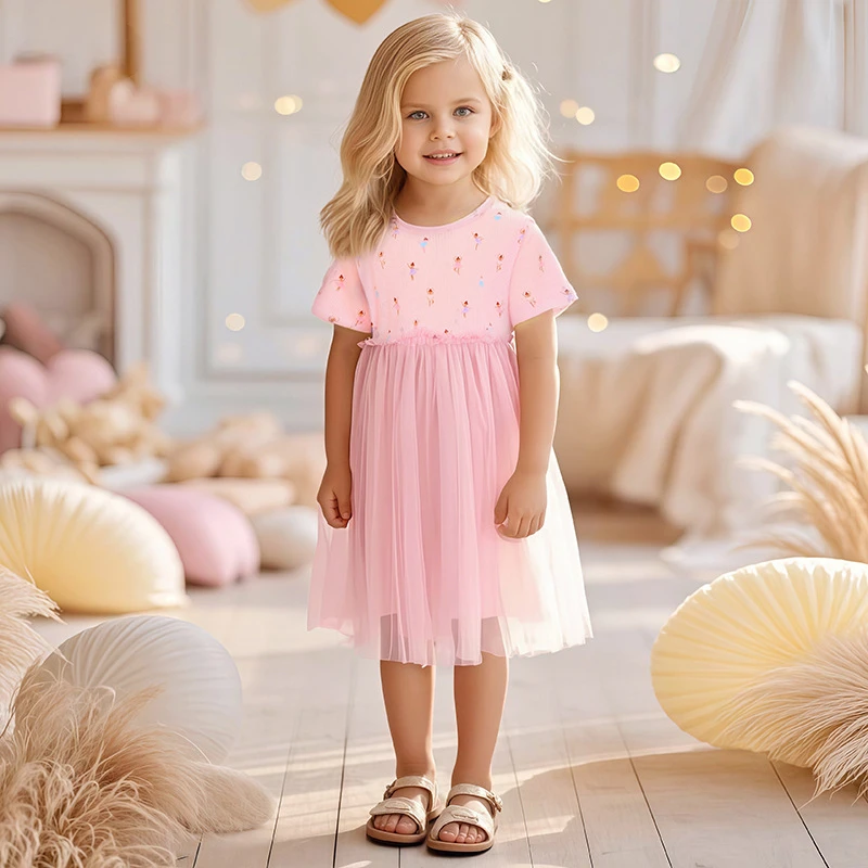 

Pink Mesh Baby Girls' Dresses Summer New Kids Clothes Girls Short Sleeve Princess Dresses Children's Comfortable Dresses 2-7 Yrs