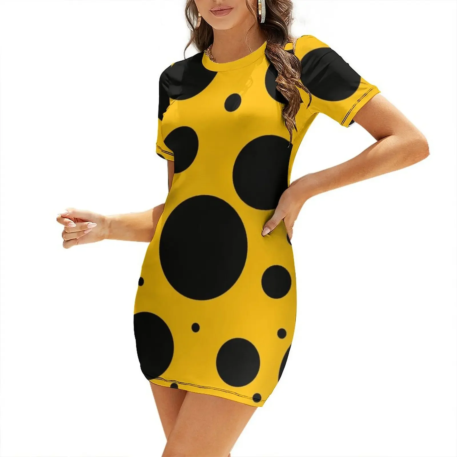 

black polka dots on yellow background Short-Sleeved Dress dresses for women dress for women 2026 dresses for woman 2026