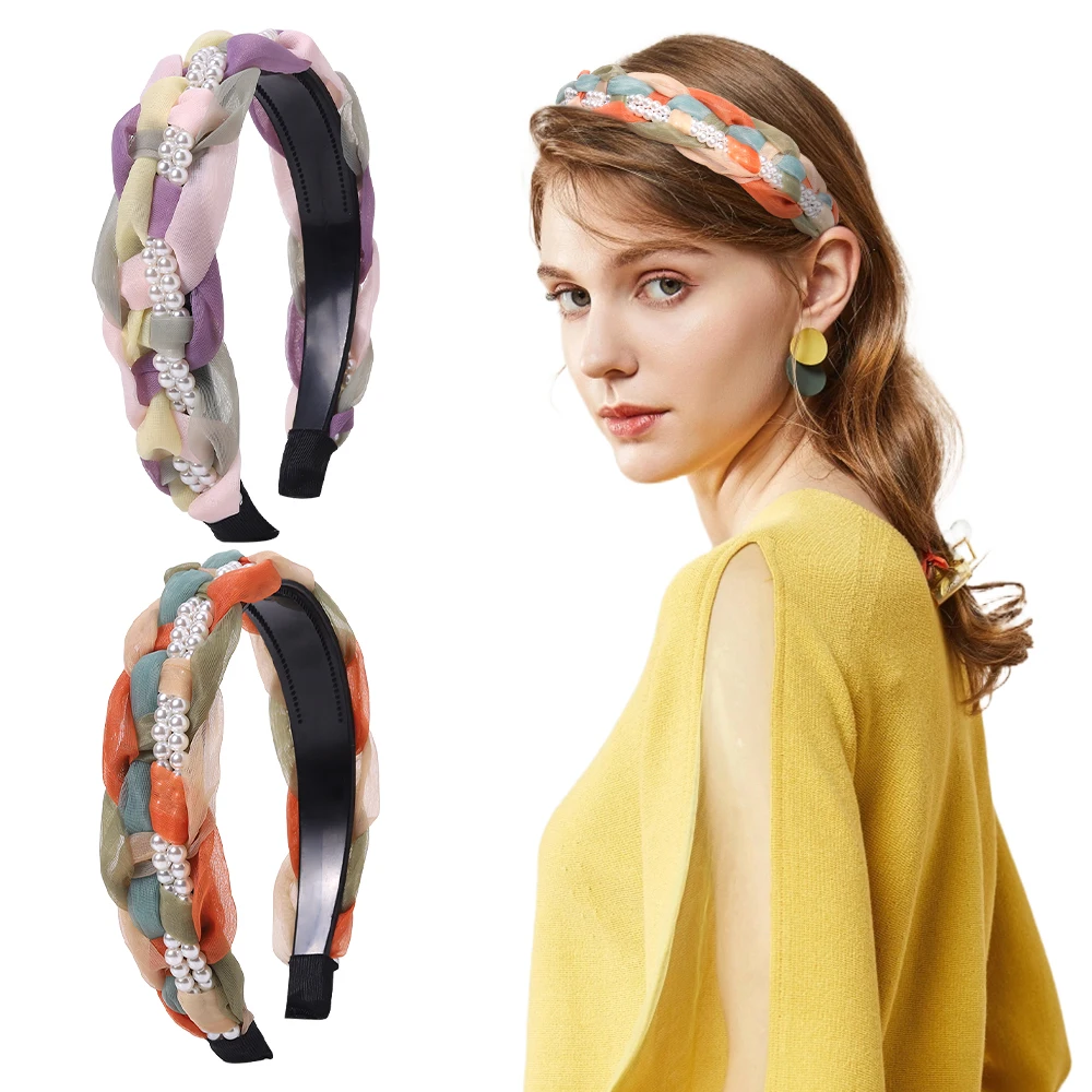 

Women New Colorful Braided Pearl Headband Morandi Color Wide-Brimmed Hairband Light Luxury Gentle and Gentle Hair Accessories