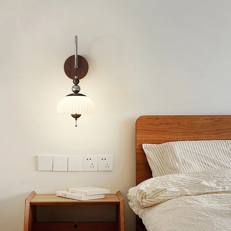 

Medieval Retro Walnut Wood Wall Lamp Bedside Living Room Bedroom Aisle Study Corridor Balcony Eye Protection Reading Wall Lights