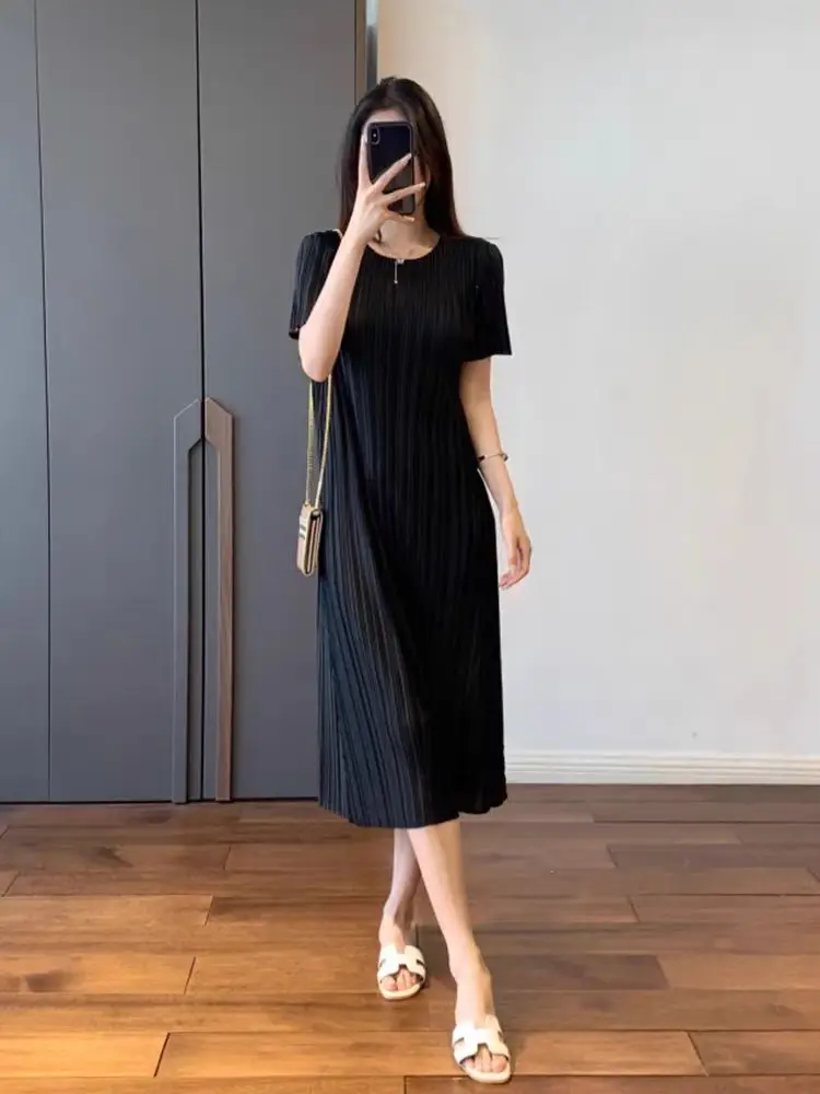 Miyake Pleated  Women's Maxi Dress Japanese Dress Korean Fashion Causal Elegant Women's Dress 2024 New